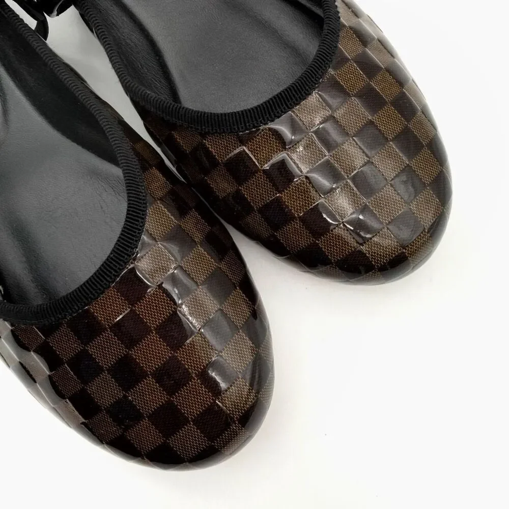 LOUIS VUITTON Romy Maryjane Ballet Flat Size 38 Damier Black Brown Leather